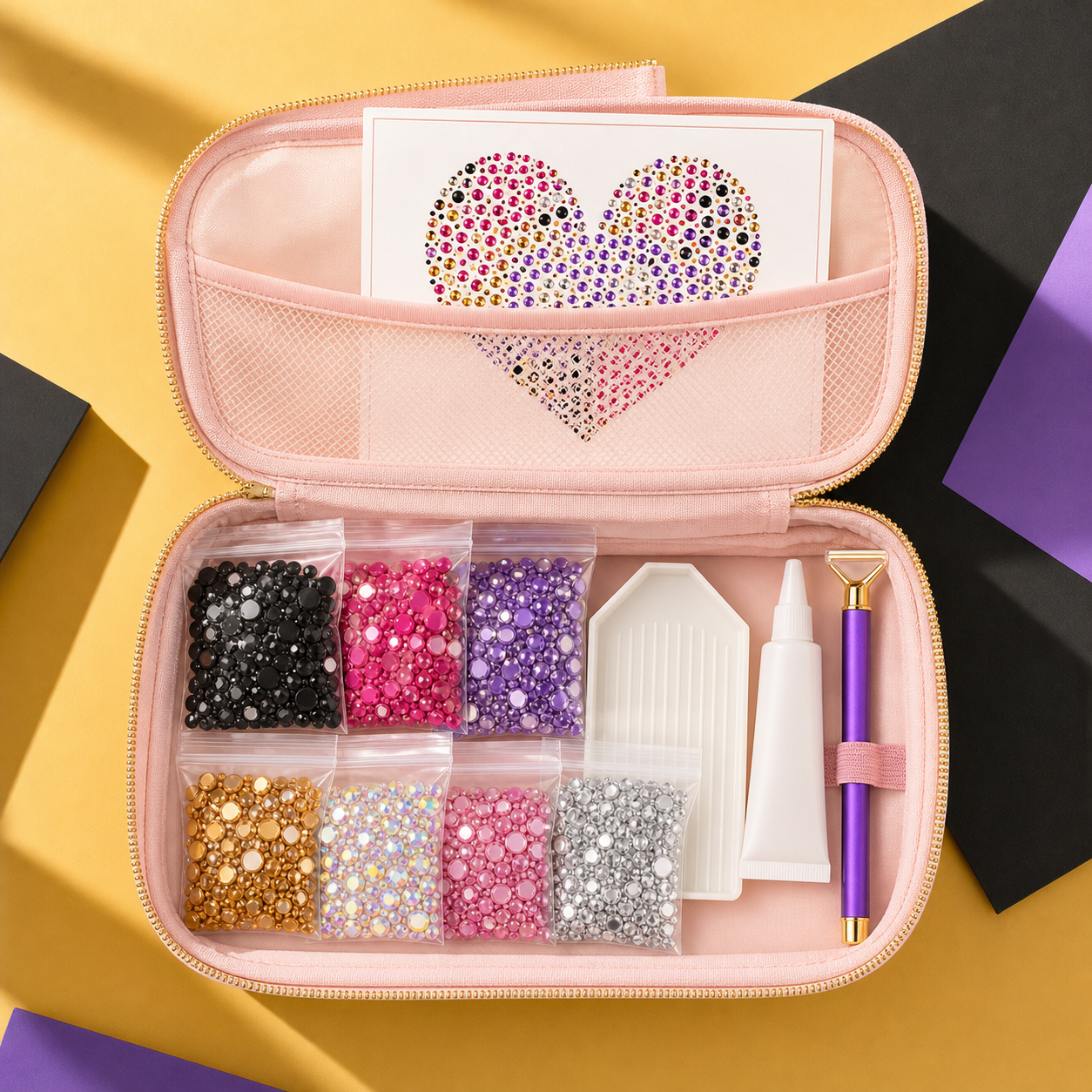 Beginner bling bundle berisi rhinestone, lem, pickup tool, dan aksesori craft