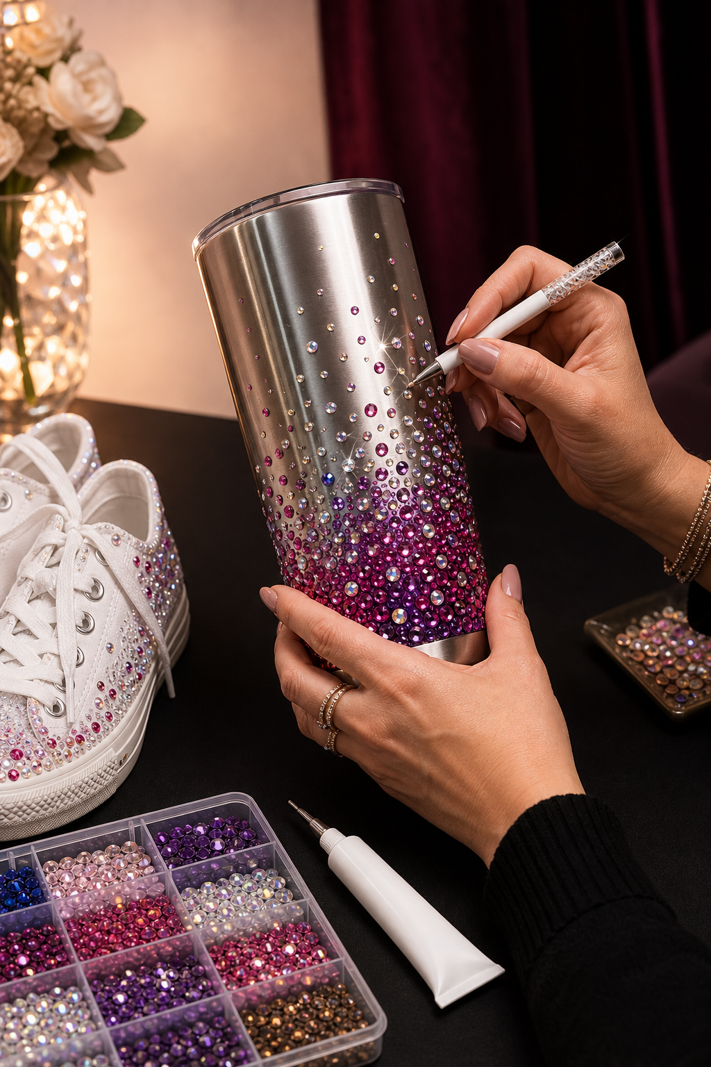 Kreator memasang rhinestone pada tumbler di meja kerajinan